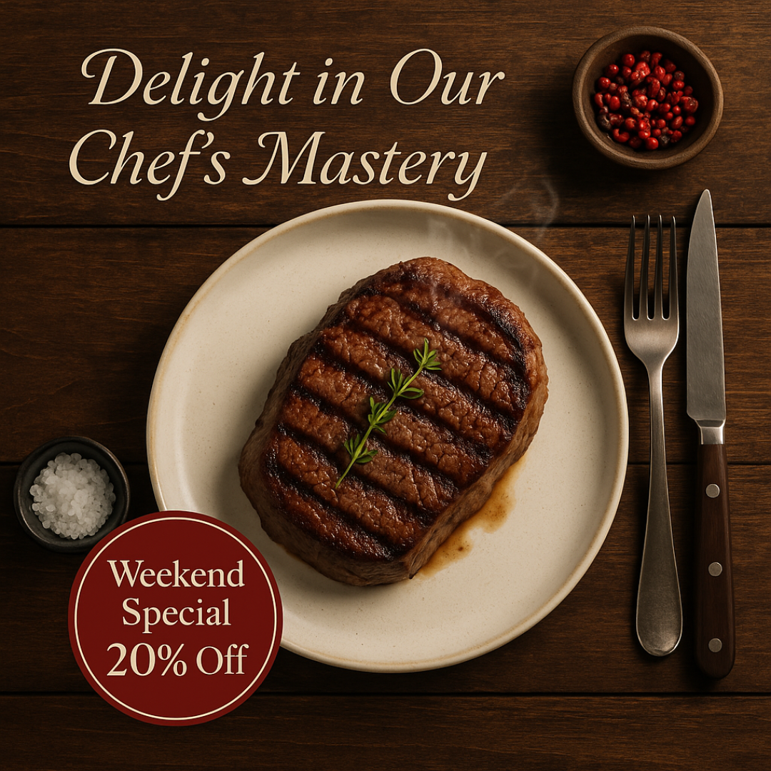 Steak dinner Instagram post with Weekend Special 20% Off badge, generated from the prompt below